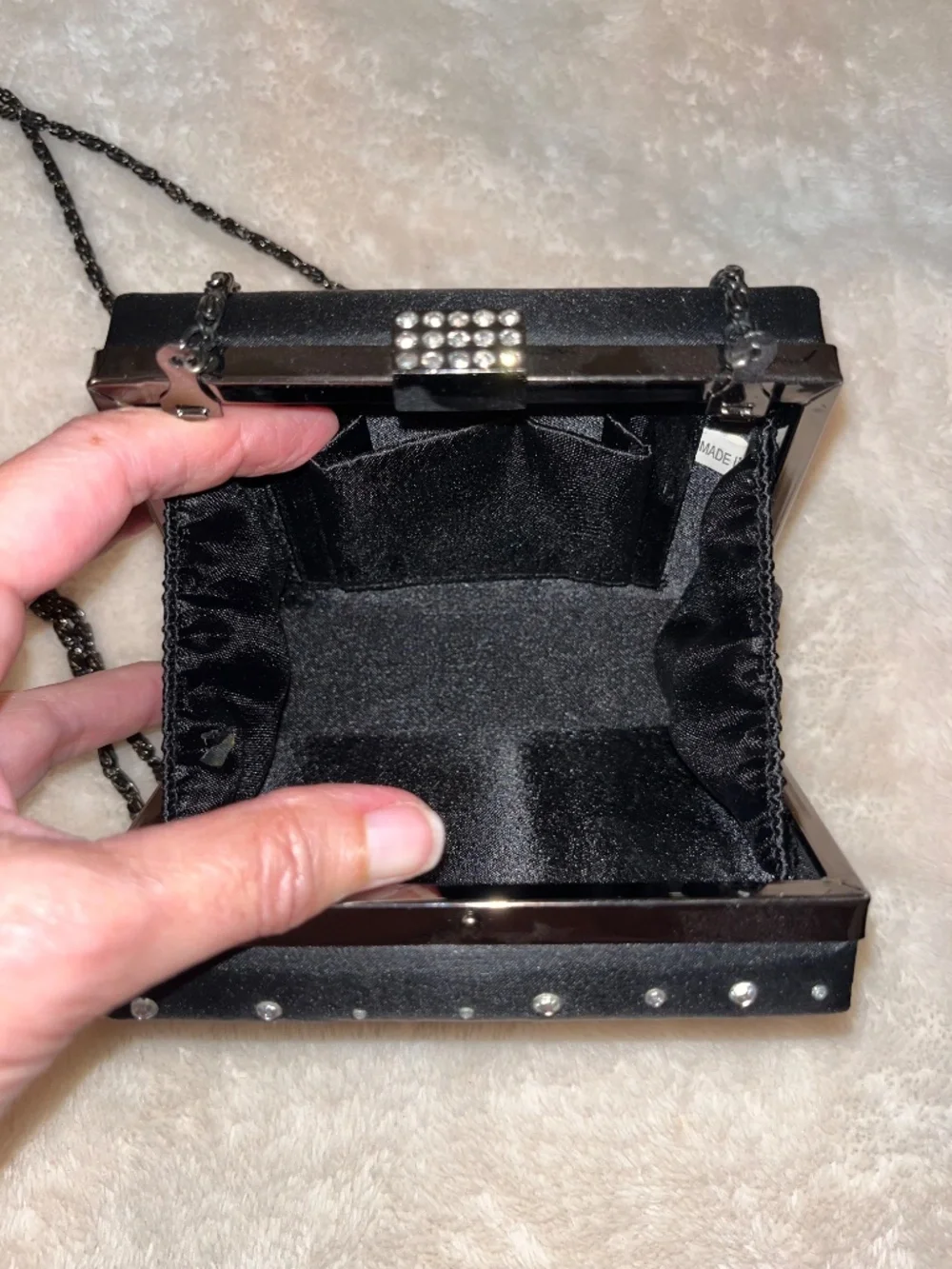 Black Satin Faux Diamond Purse Clutch - Long Metal Strap